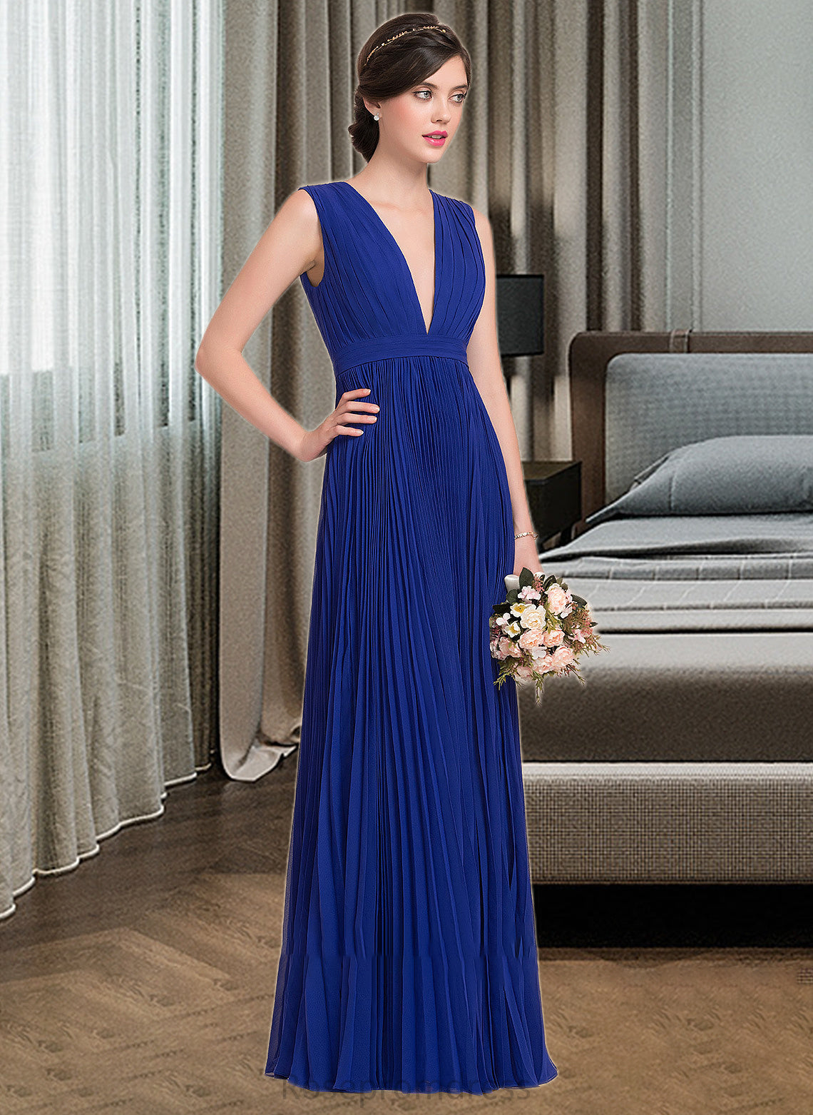 Dulce A-Line V-neck Floor-Length Chiffon Bridesmaid Dress With Bow(s) Pleated SRSP0012882