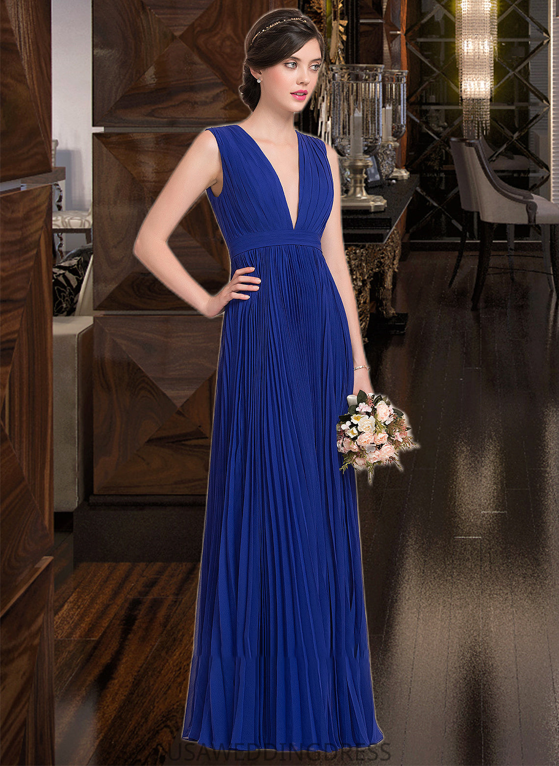 Nicola A-Line V-neck Floor-Length Chiffon Bridesmaid Dress With Bow(s) Pleated DSP0012882