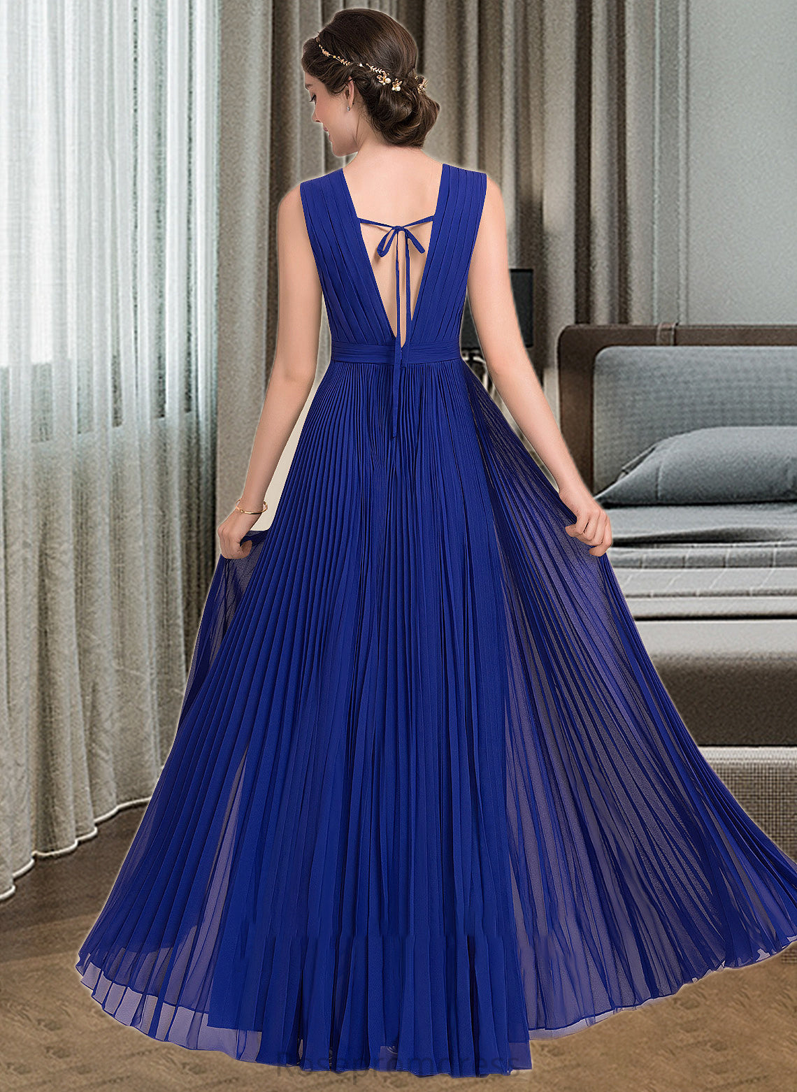 Dulce A-Line V-neck Floor-Length Chiffon Bridesmaid Dress With Bow(s) Pleated SRSP0012882