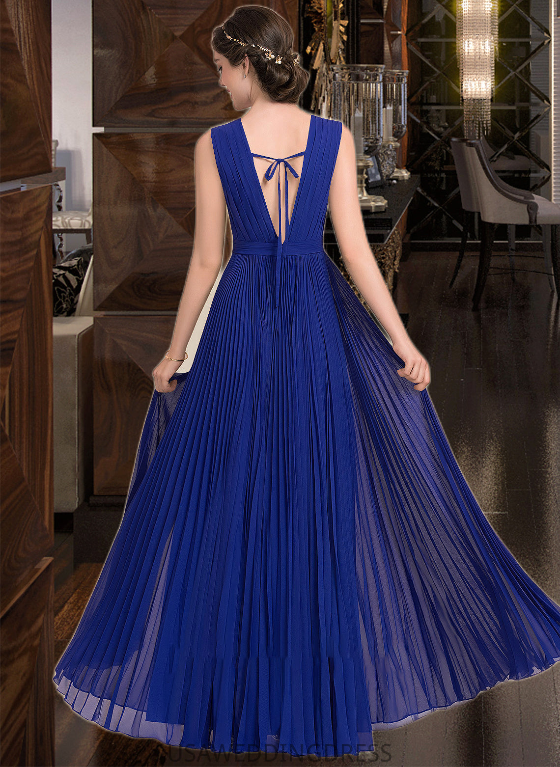 Nicola A-Line V-neck Floor-Length Chiffon Bridesmaid Dress With Bow(s) Pleated DSP0012882