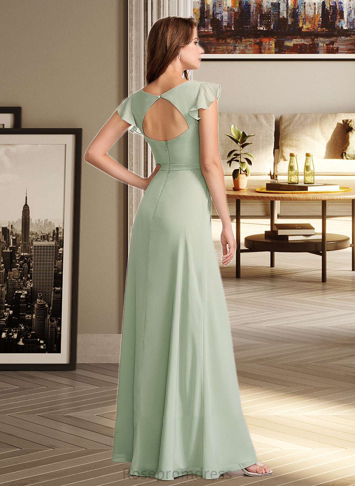 Mabel A-Line V-neck Floor-Length Bridesmaid Dress With Split Front SRSP0012883