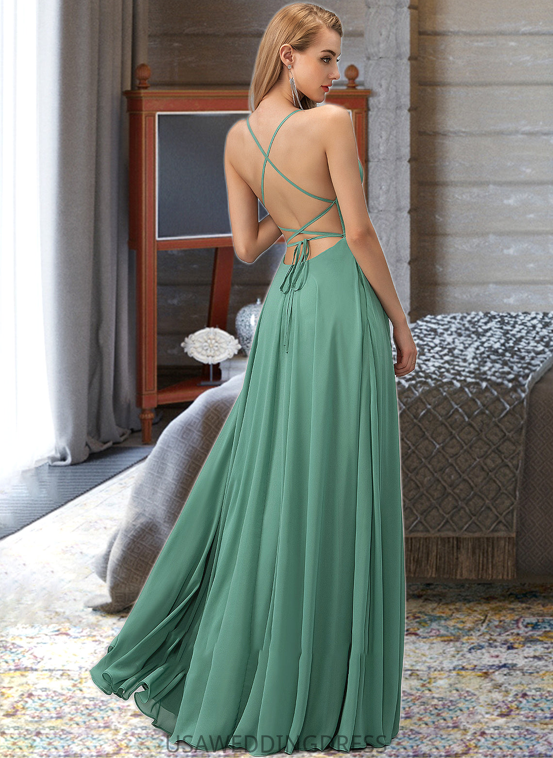 Clara A-LineSquareNecklineFloor-LengthChiffonBridesmaidDressWithSplitFrontPockets#251385 DSP0012885