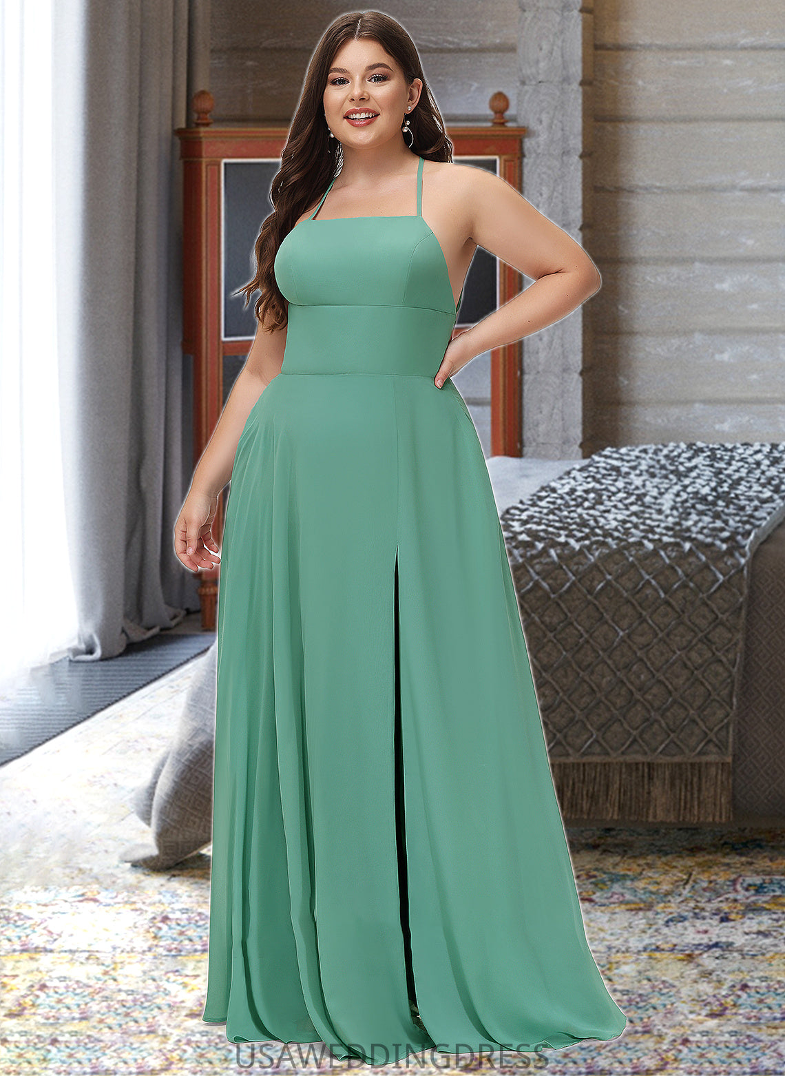 Clara A-LineSquareNecklineFloor-LengthChiffonBridesmaidDressWithSplitFrontPockets#251385 DSP0012885