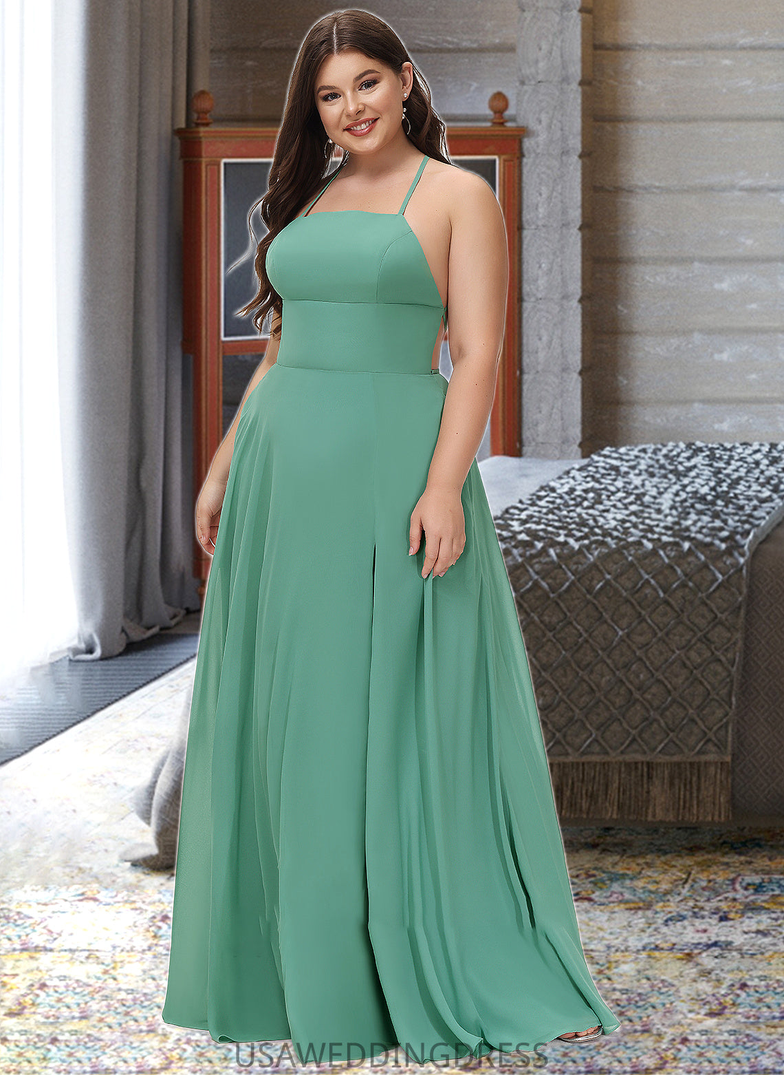 Clara A-LineSquareNecklineFloor-LengthChiffonBridesmaidDressWithSplitFrontPockets#251385 DSP0012885