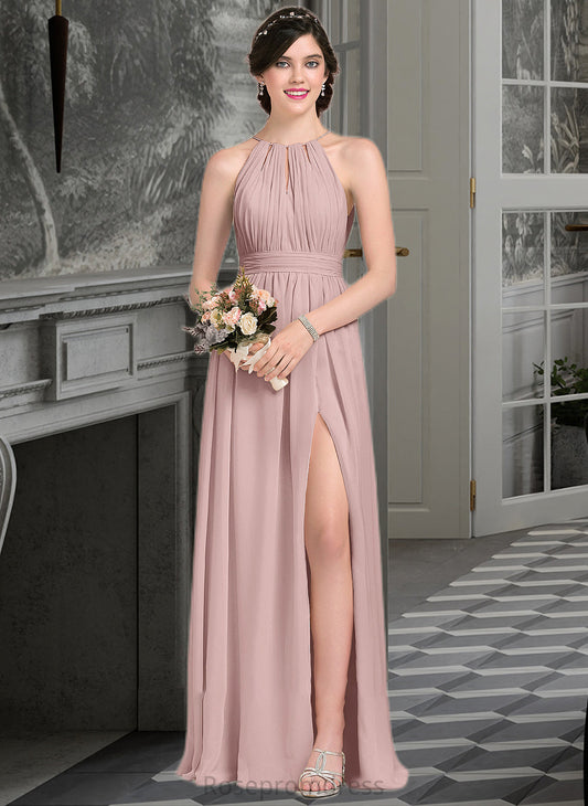 Giuliana A-Line Scoop Neck Floor-Length Chiffon Bridesmaid Dress With Ruffle Bow(s) Split Front SRSP0012886