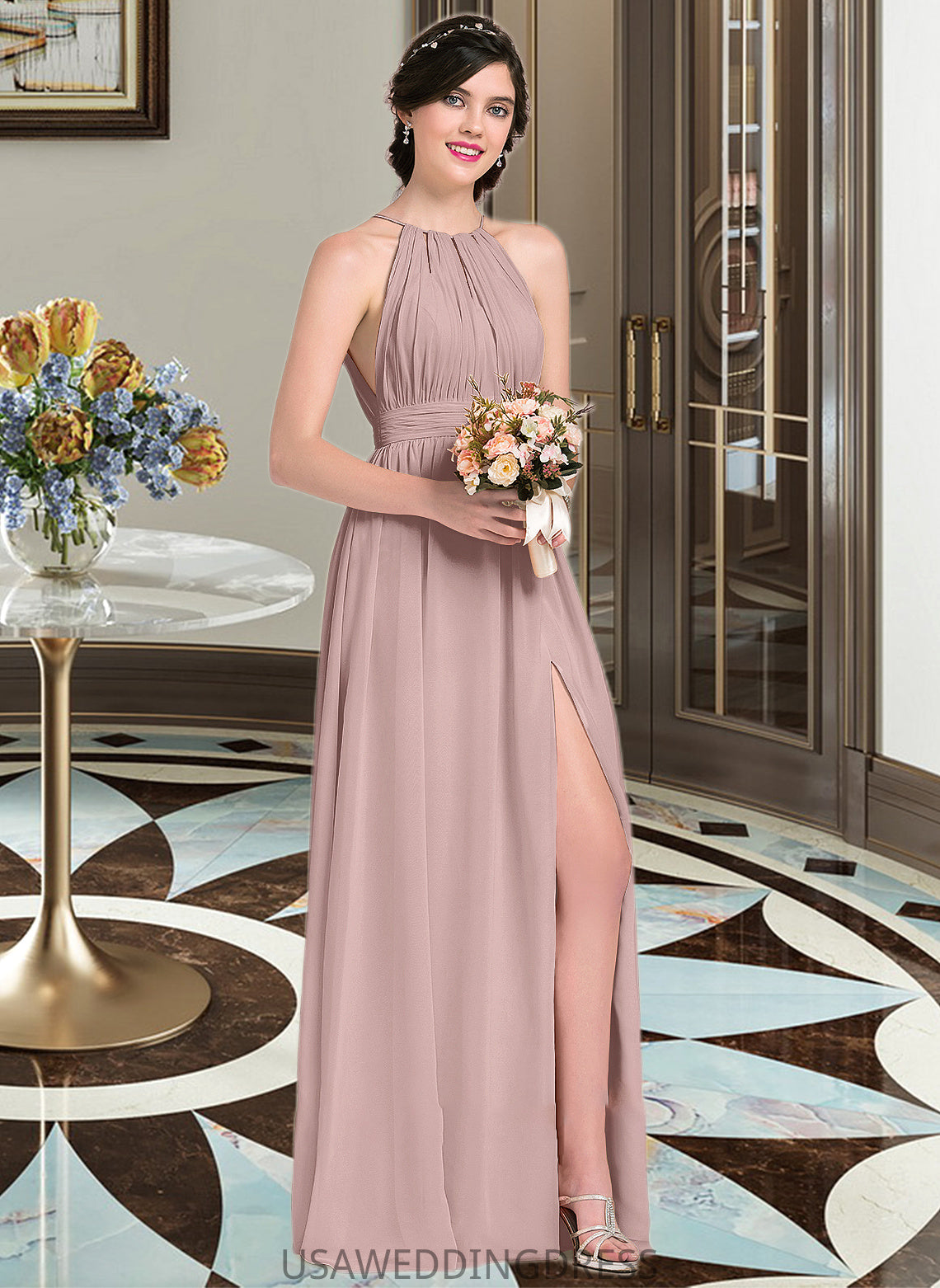 Kailee A-Line Scoop Neck Floor-Length Chiffon Bridesmaid Dress With Ruffle Bow(s) Split Front DSP0012886