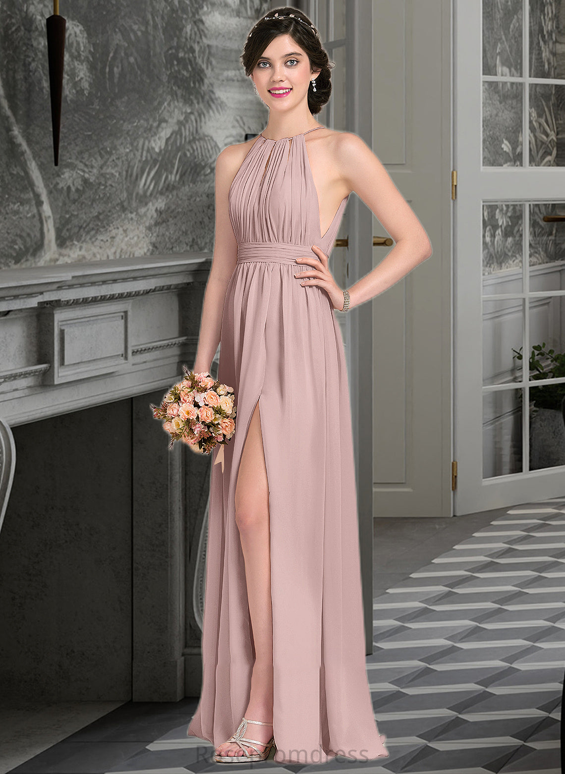 Giuliana A-Line Scoop Neck Floor-Length Chiffon Bridesmaid Dress With Ruffle Bow(s) Split Front SRSP0012886