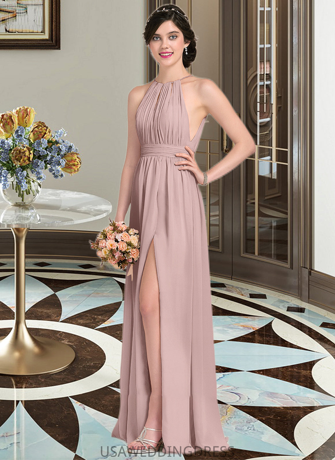 Kailee A-Line Scoop Neck Floor-Length Chiffon Bridesmaid Dress With Ruffle Bow(s) Split Front DSP0012886