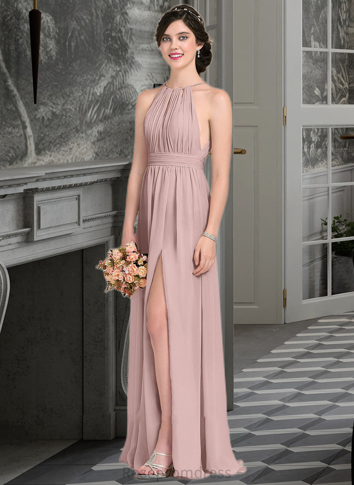 Giuliana A-Line Scoop Neck Floor-Length Chiffon Bridesmaid Dress With Ruffle Bow(s) Split Front SRSP0012886