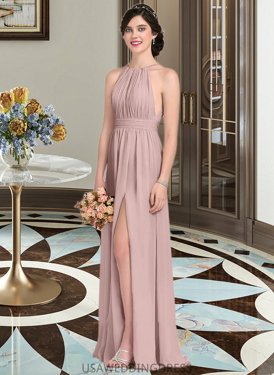 Kailee A-Line Scoop Neck Floor-Length Chiffon Bridesmaid Dress With Ruffle Bow(s) Split Front DSP0012886