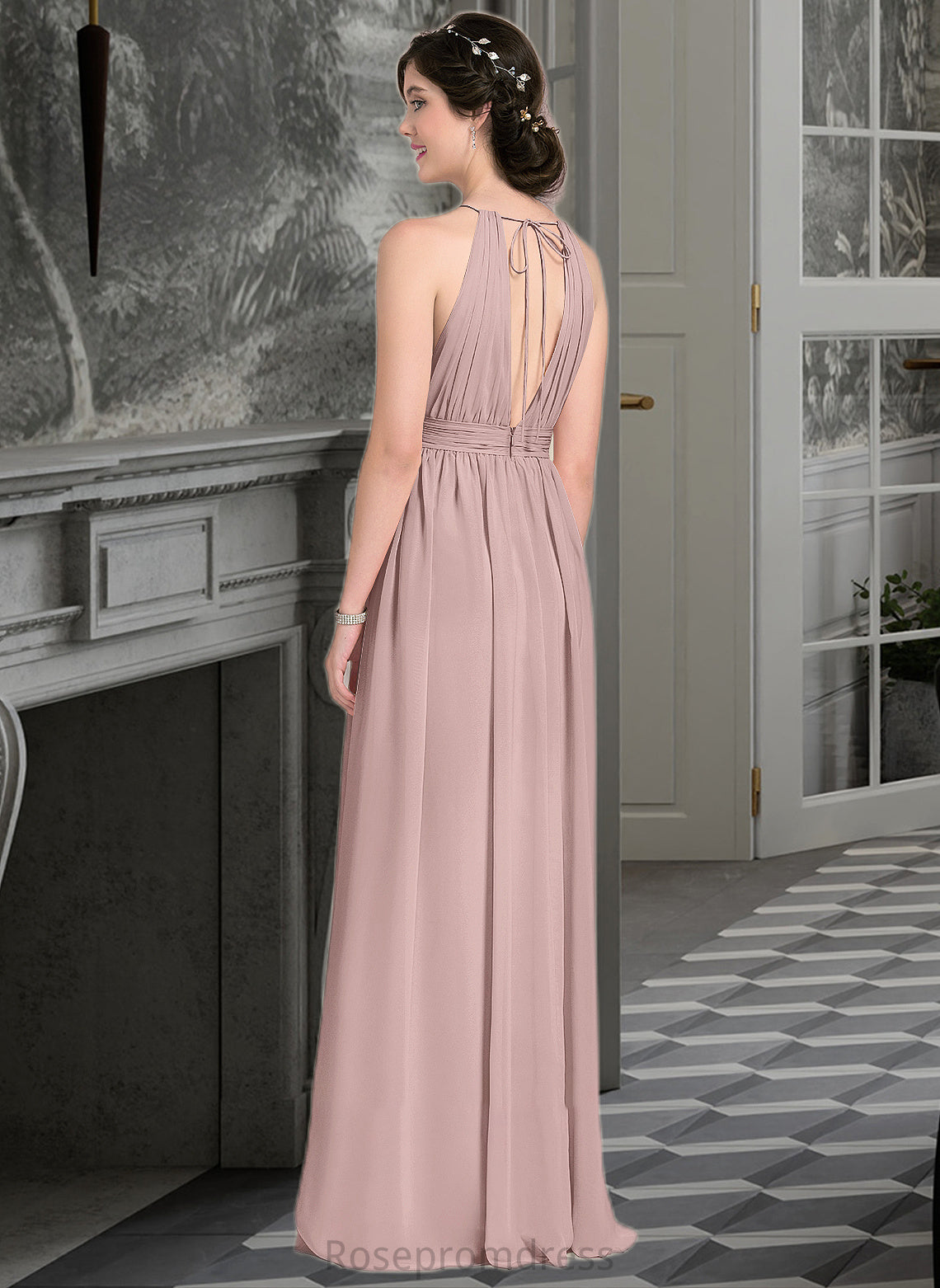 Giuliana A-Line Scoop Neck Floor-Length Chiffon Bridesmaid Dress With Ruffle Bow(s) Split Front SRSP0012886