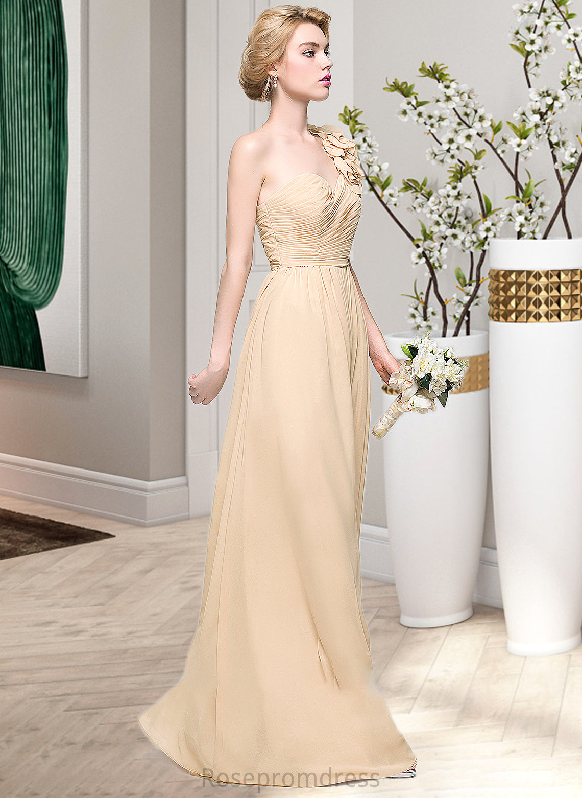 Journey A-Line One-Shoulder Floor-Length Chiffon Bridesmaid Dress With Ruffle Flower(s) SRSP0012887
