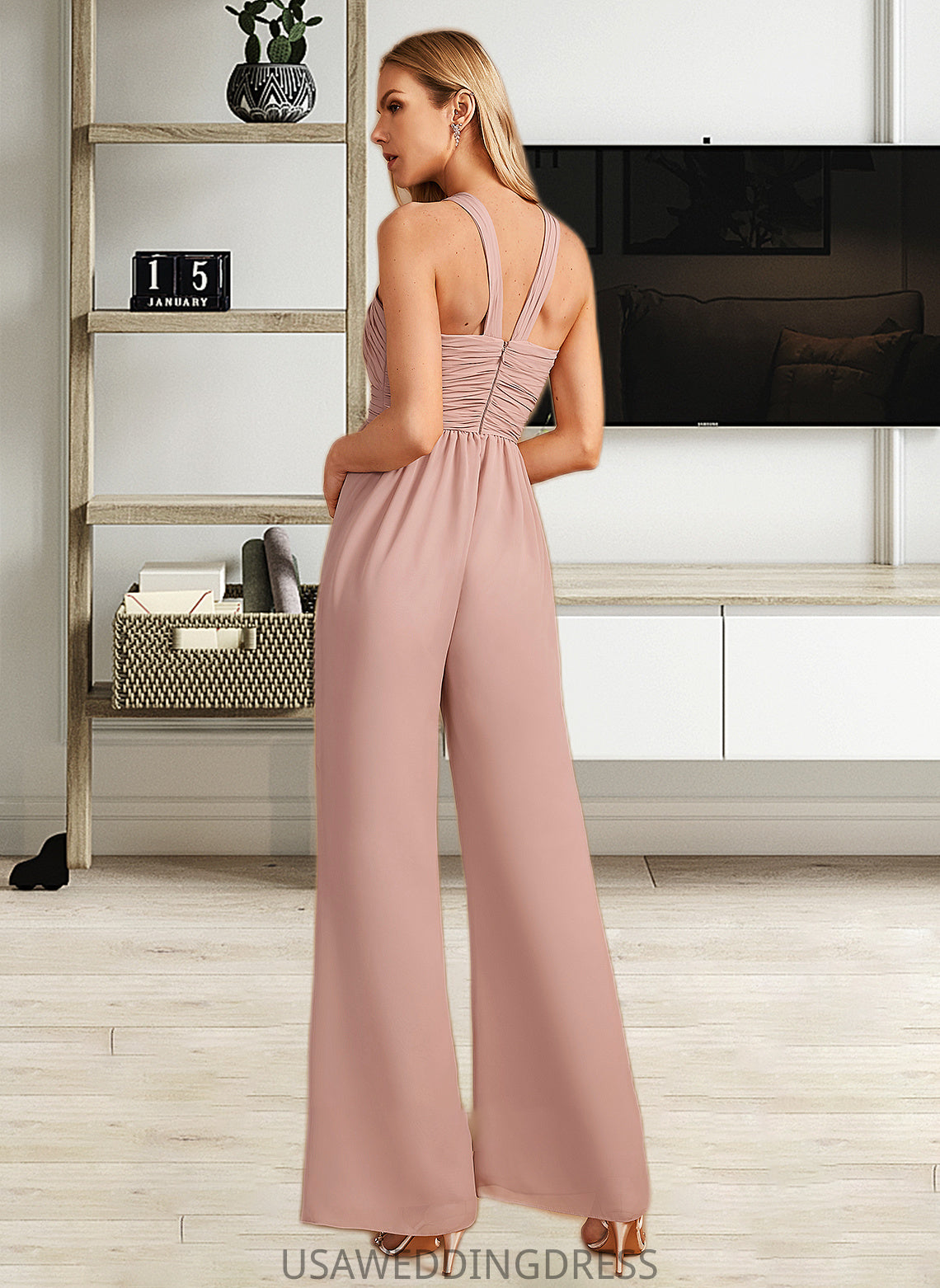 Susan Jumpsuit/Pantsuit High Neck Floor-Length Bridesmaid Dress With Pleated DSP0012888