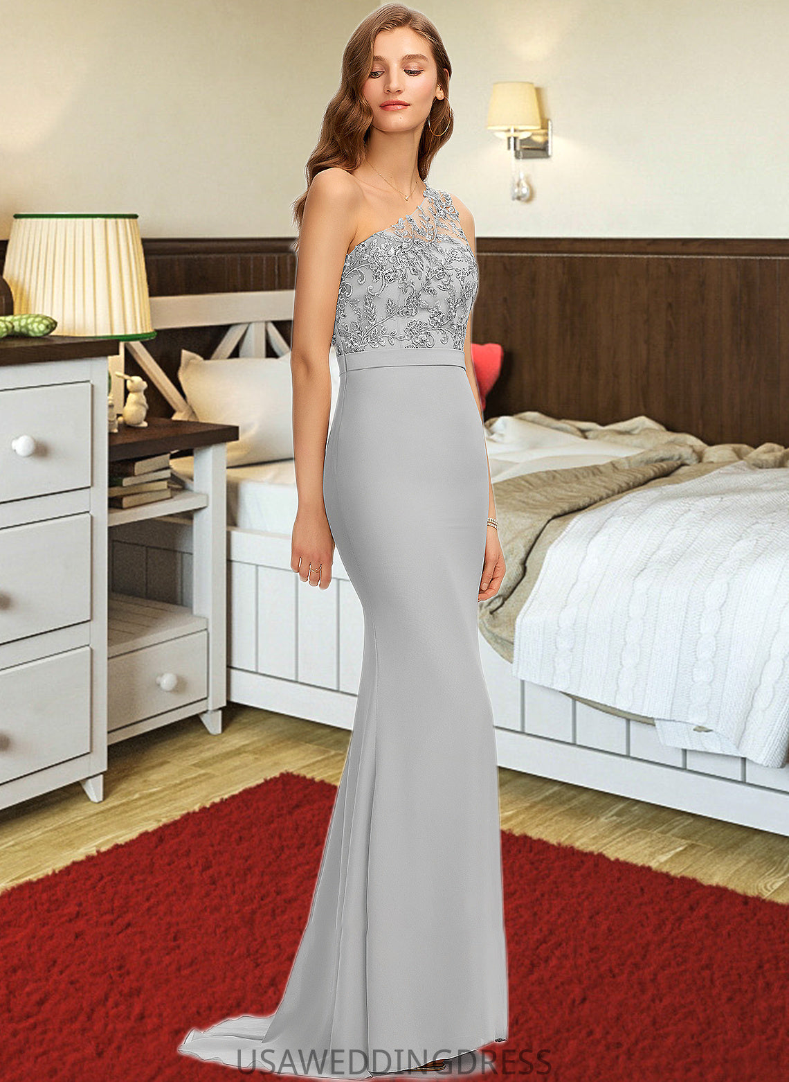 Summer Trumpet/Mermaid One-Shoulder Sweep Train Chiffon Bridesmaid Dress DSP0012889