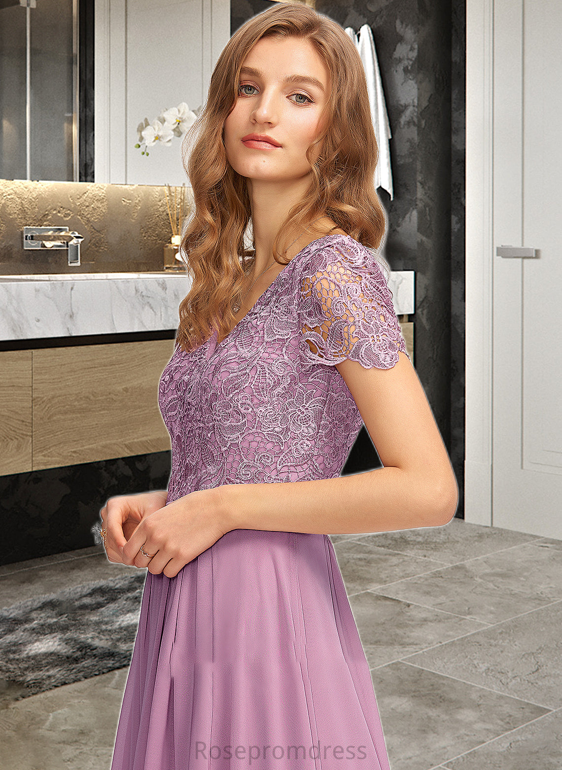 Camille A-Line V-neck Floor-Length Chiffon Bridesmaid Dress With Split Front SRSP0012890