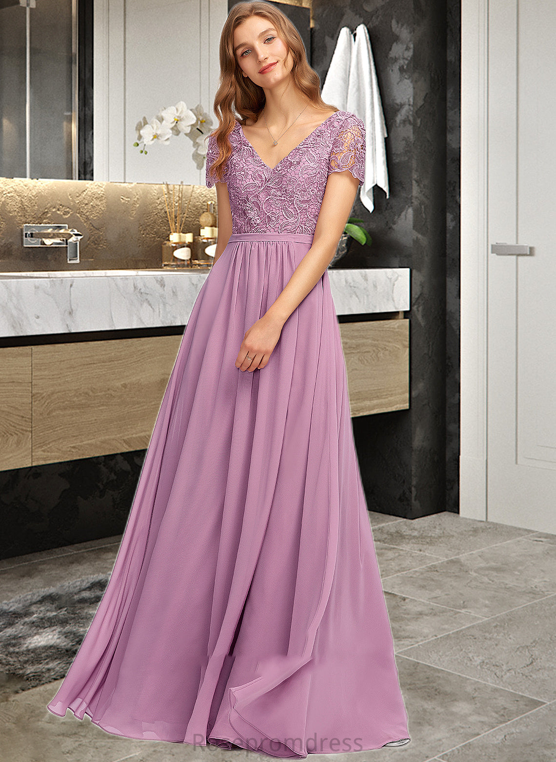 Camille A-Line V-neck Floor-Length Chiffon Bridesmaid Dress With Split Front SRSP0012890