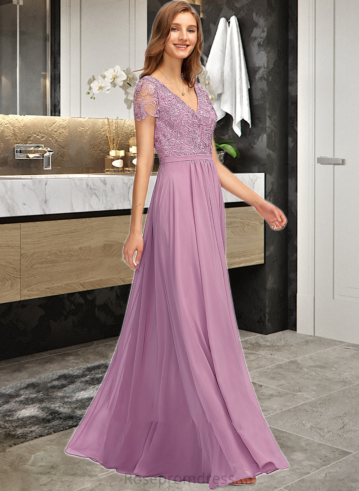 Camille A-Line V-neck Floor-Length Chiffon Bridesmaid Dress With Split Front SRSP0012890
