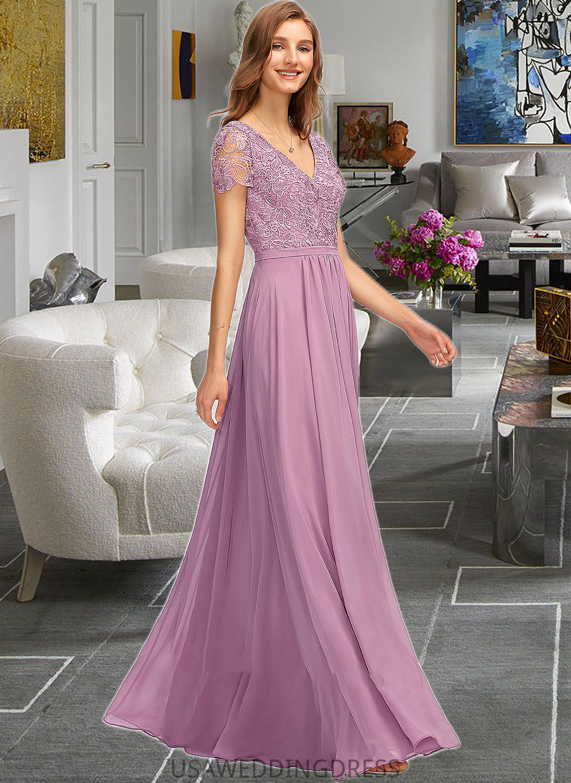 Gina A-Line V-neck Floor-Length Chiffon Bridesmaid Dress With Split Front DSP0012890