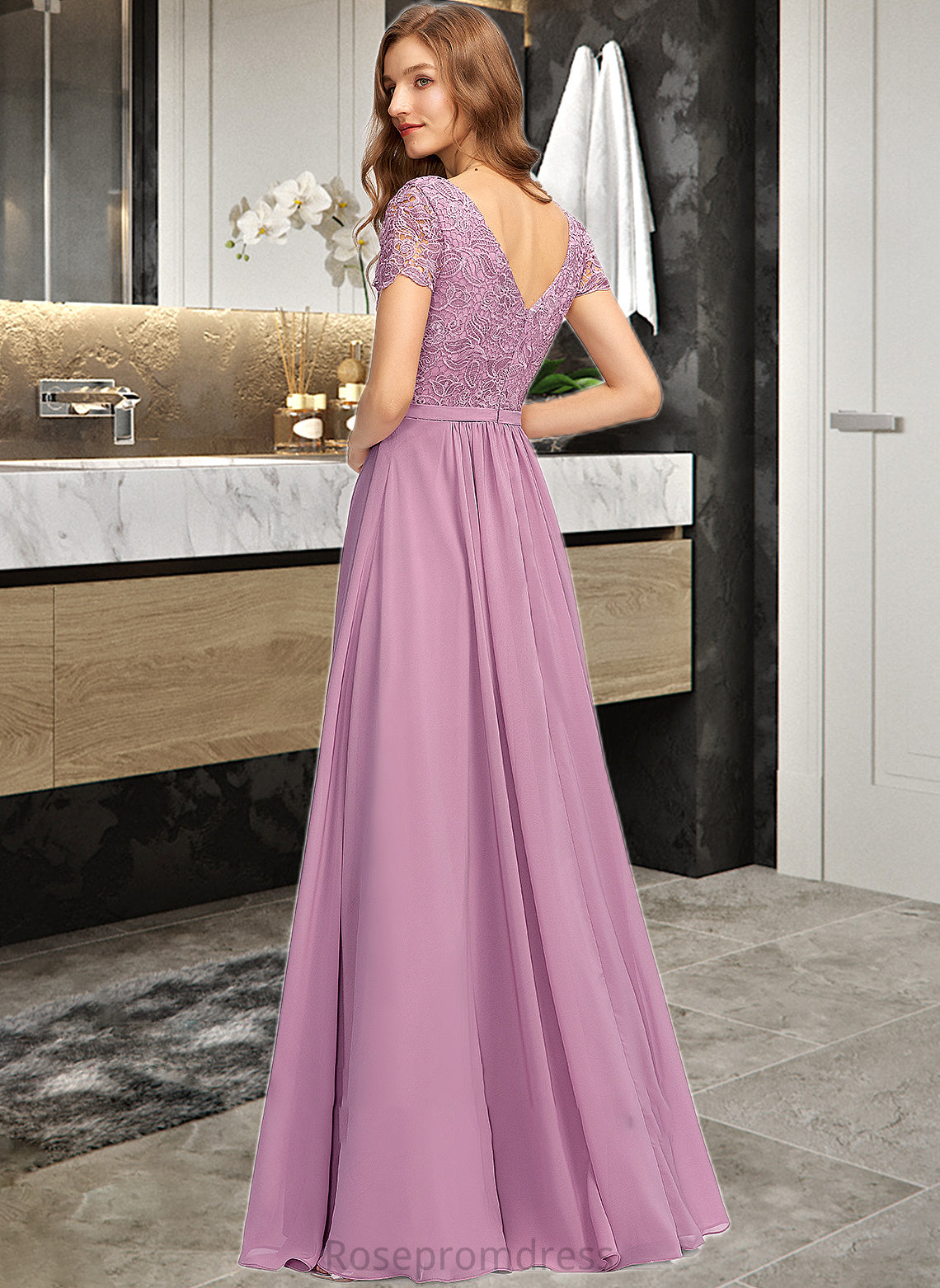 Camille A-Line V-neck Floor-Length Chiffon Bridesmaid Dress With Split Front SRSP0012890