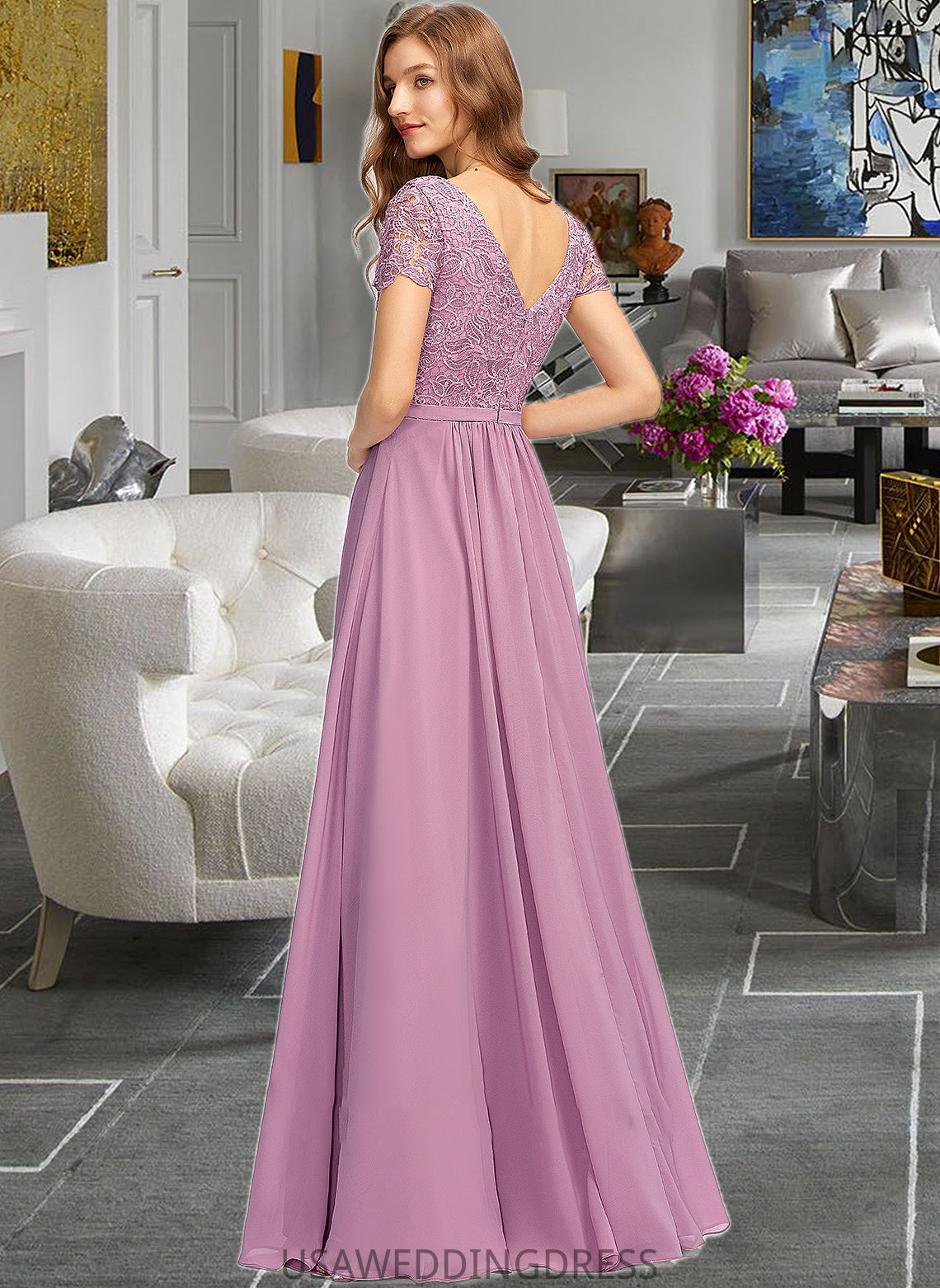 Gina A-Line V-neck Floor-Length Chiffon Bridesmaid Dress With Split Front DSP0012890
