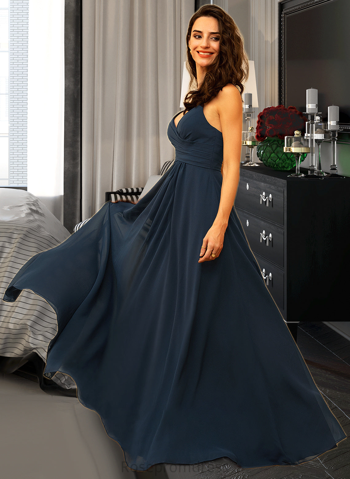 Julianne A-Line V-neck Floor-Length Chiffon Bridesmaid Dress With Ruffle SRSP0012891