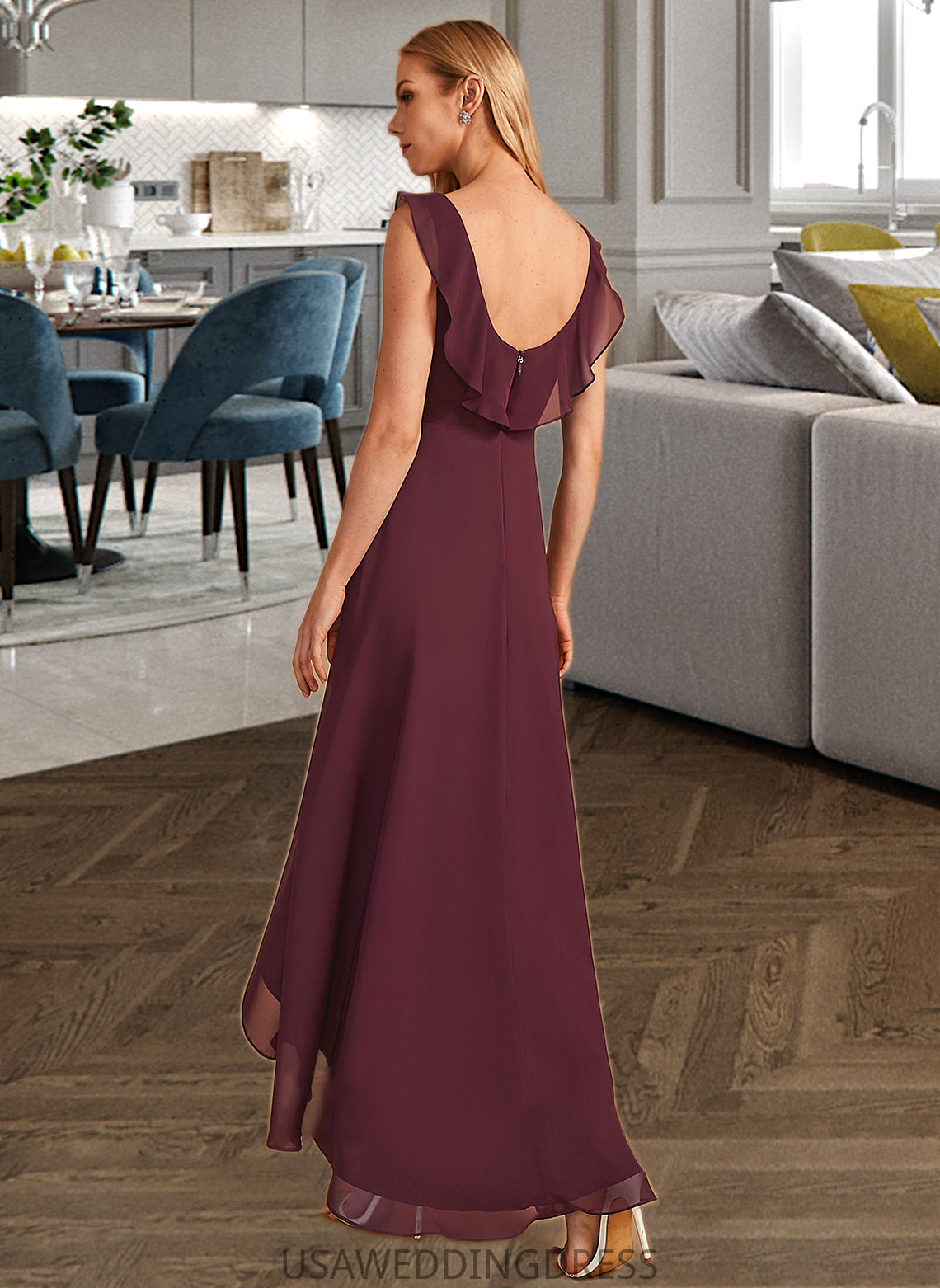 Eva A-Line V-neck Asymmetrical Bridesmaid Dress With Ruffle DSP0012893