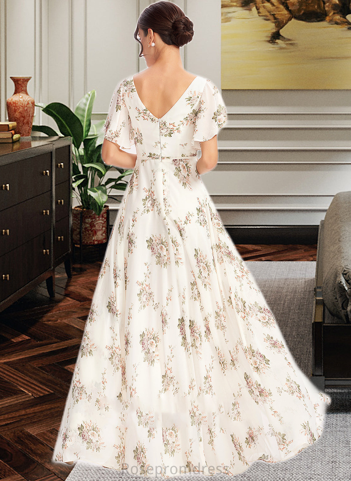 Andrea A-Line V-neck Floor-Length Bridesmaid Dress With Flower(s) Split Front SRSP0012895