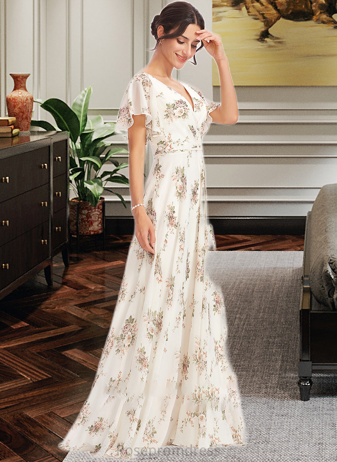 Andrea A-Line V-neck Floor-Length Bridesmaid Dress With Flower(s) Split Front SRSP0012895