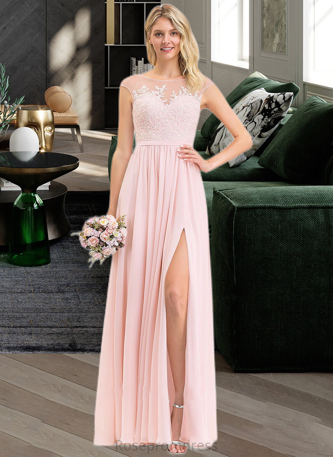Everleigh A-Line Scoop Neck Floor-Length Chiffon Lace Bridesmaid Dress With Split Front SRSP0012896