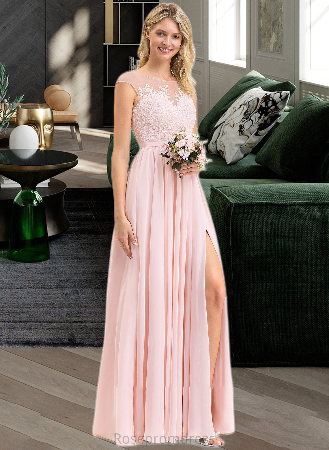 Everleigh A-Line Scoop Neck Floor-Length Chiffon Lace Bridesmaid Dress With Split Front SRSP0012896