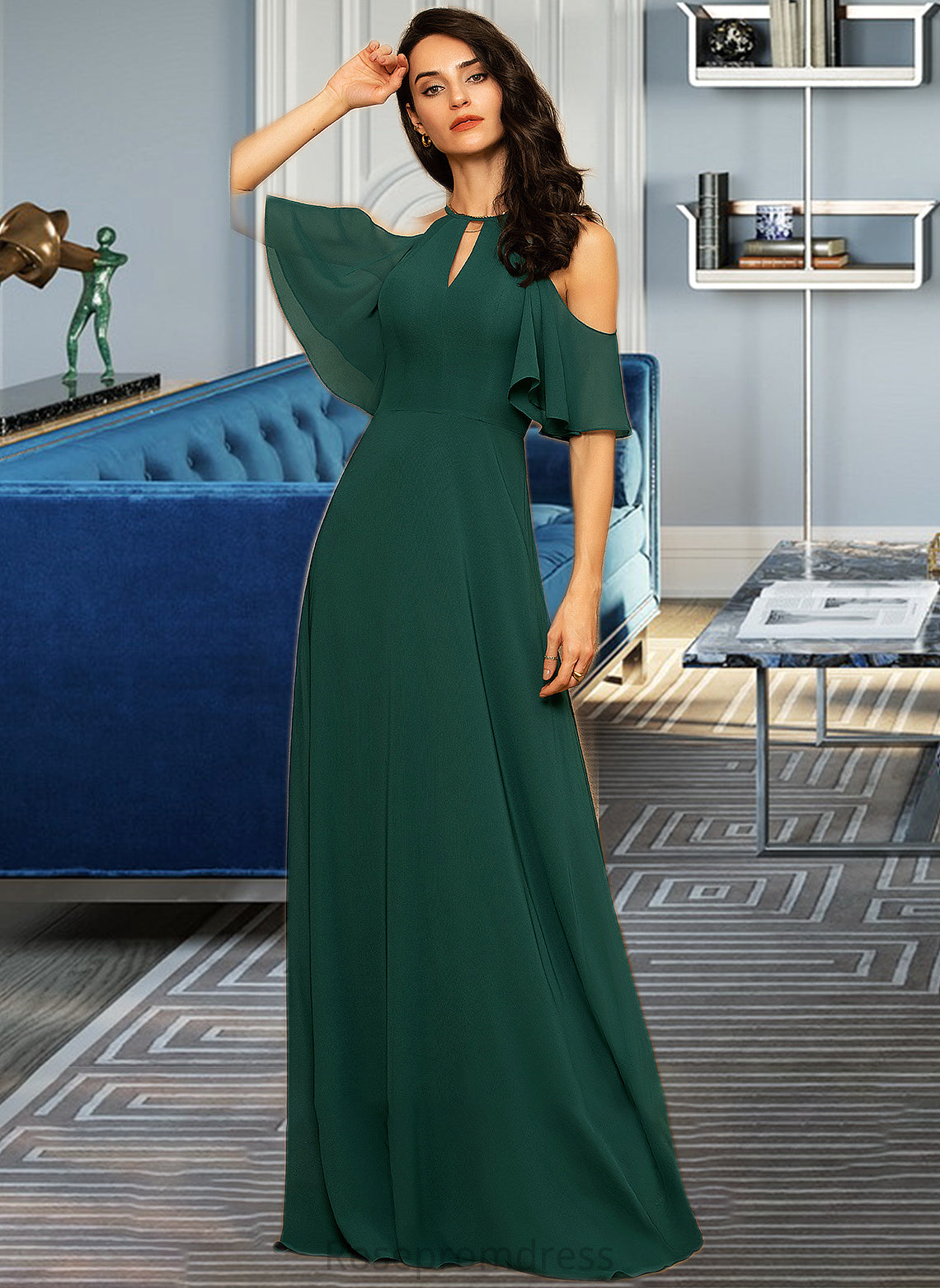 Abril A-Line Scoop Neck Floor-Length Chiffon Bridesmaid Dress SRSP0012899