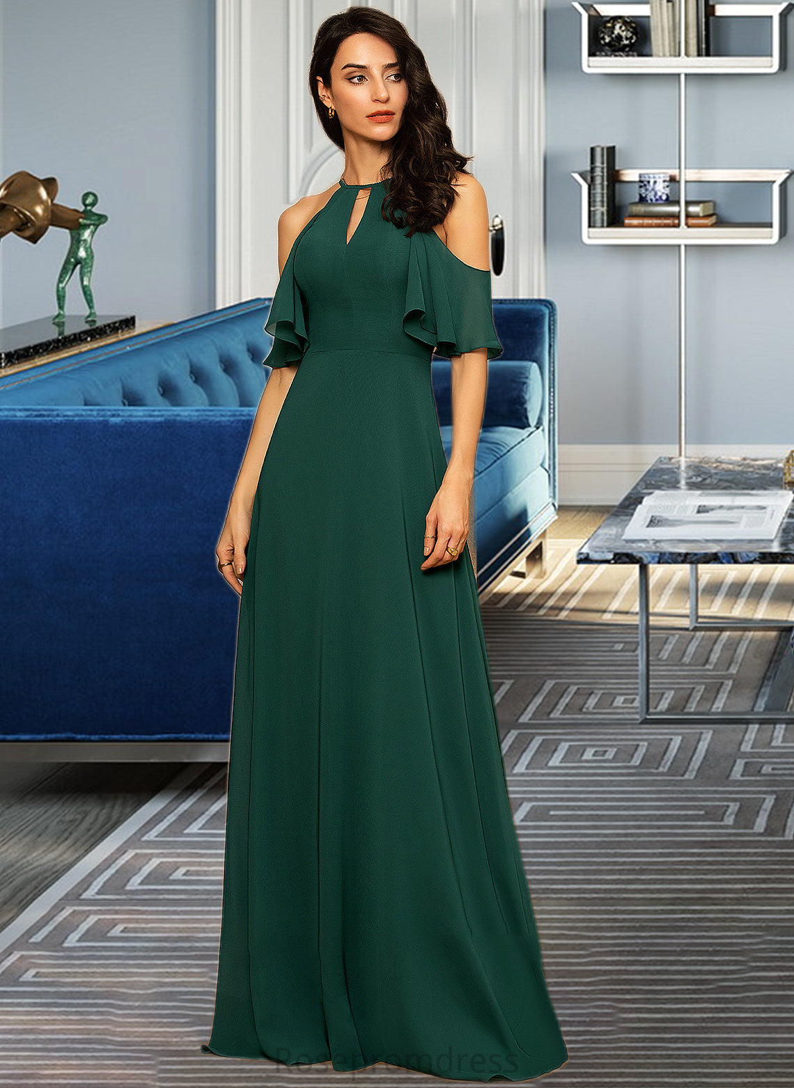 Abril A-Line Scoop Neck Floor-Length Chiffon Bridesmaid Dress SRSP0012899