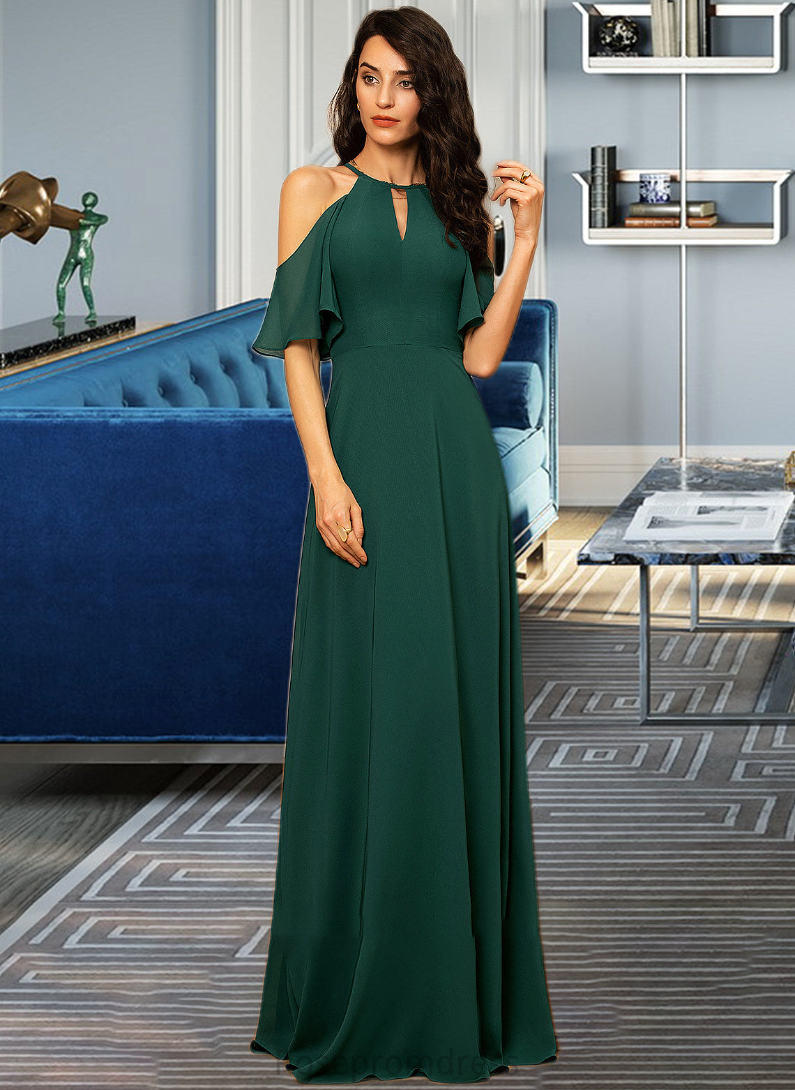 Abril A-Line Scoop Neck Floor-Length Chiffon Bridesmaid Dress SRSP0012899