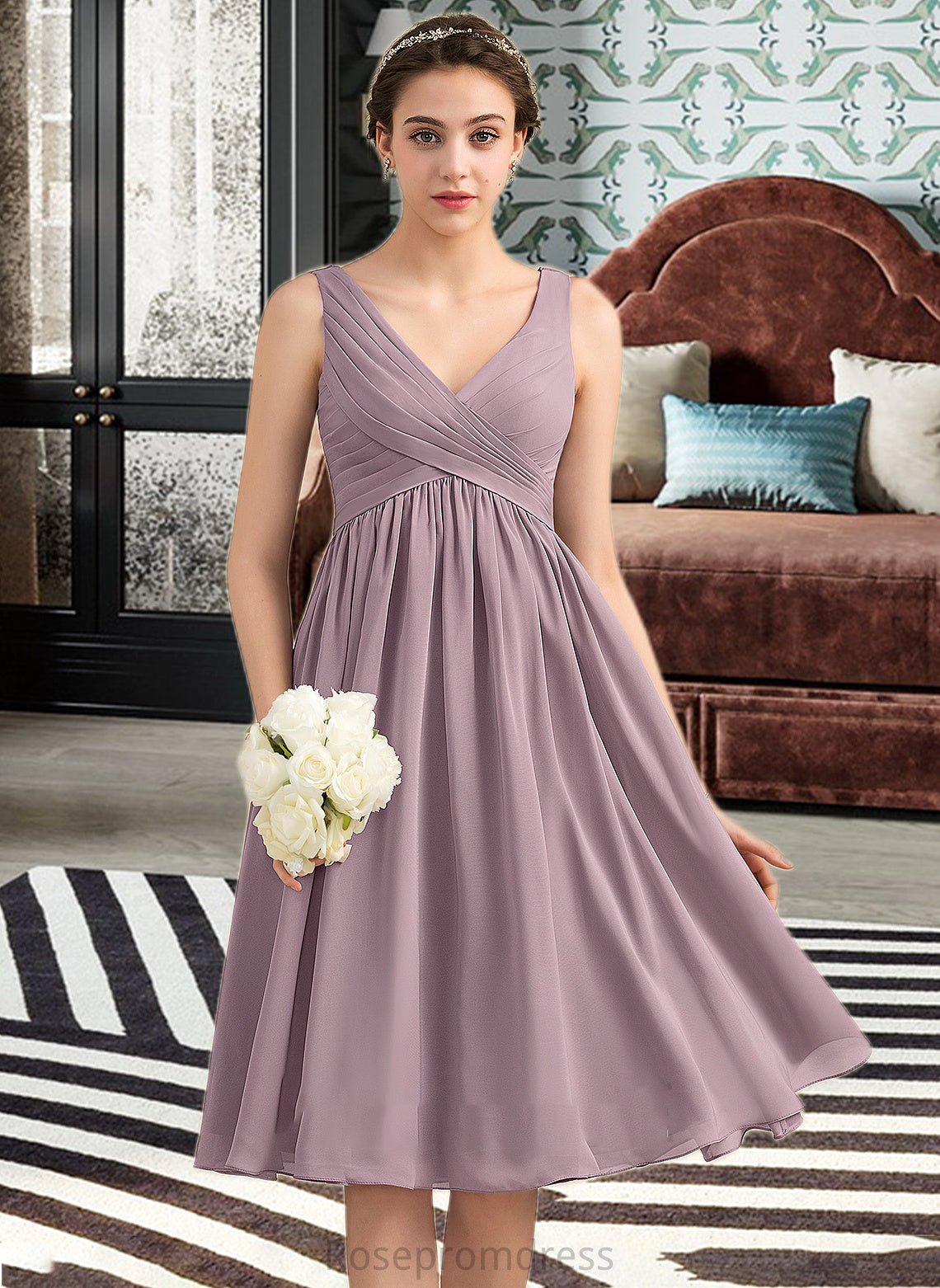 Tracy Empire V-Neck Knee-Length Chiffon Bridesmaid Dress With Cascading Ruffles SRSP0012901