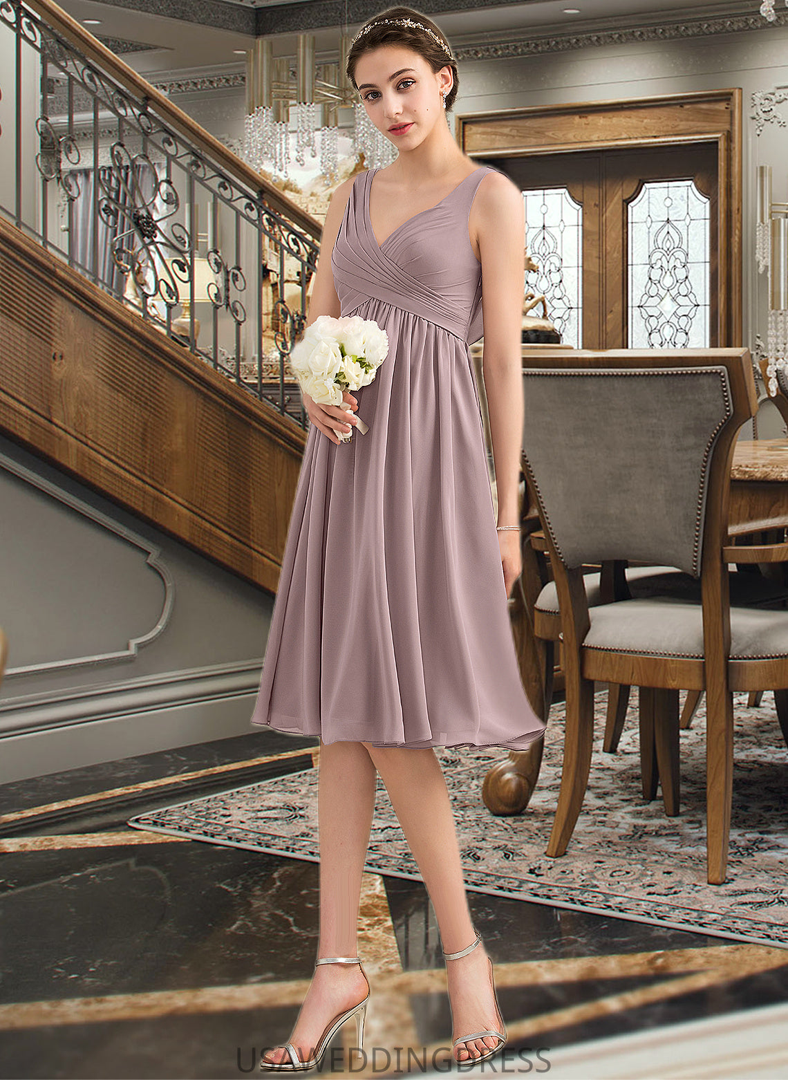 Kaelyn Empire V-Neck Knee-Length Chiffon Bridesmaid Dress With Cascading Ruffles DSP0012901