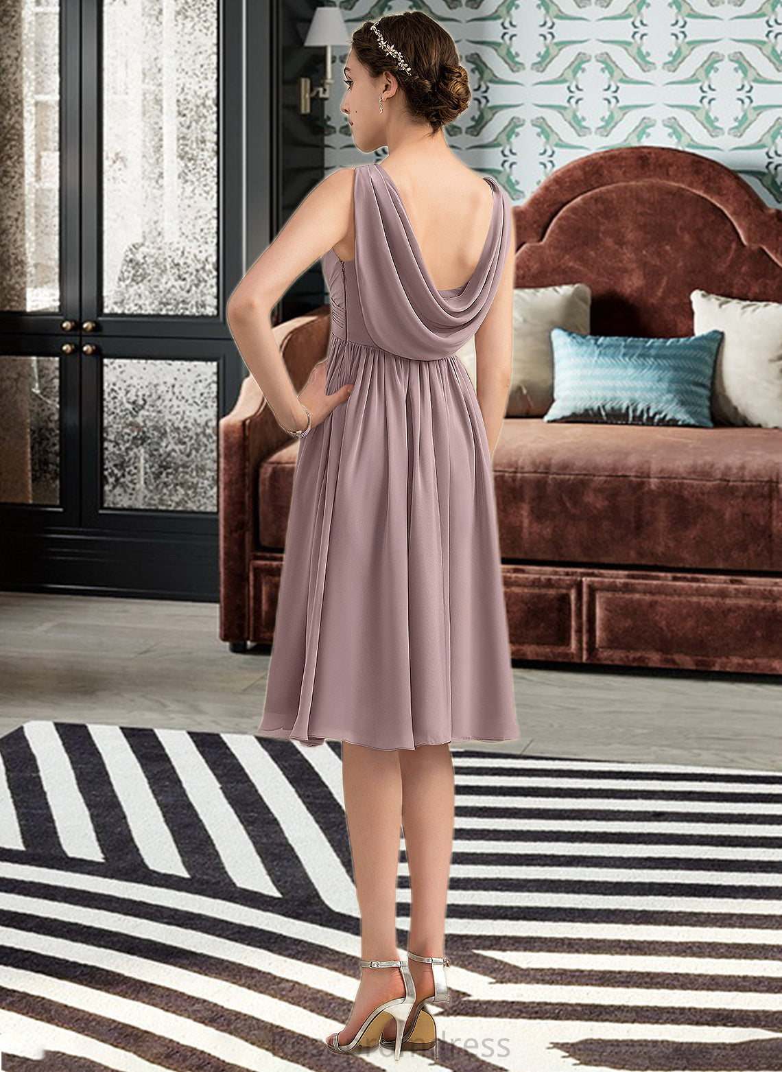 Tracy Empire V-Neck Knee-Length Chiffon Bridesmaid Dress With Cascading Ruffles SRSP0012901