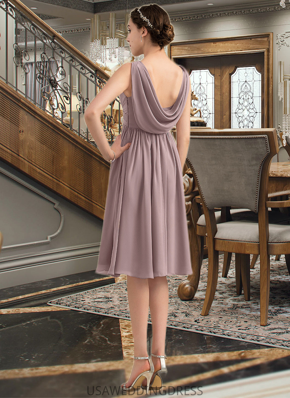 Kaelyn Empire V-Neck Knee-Length Chiffon Bridesmaid Dress With Cascading Ruffles DSP0012901