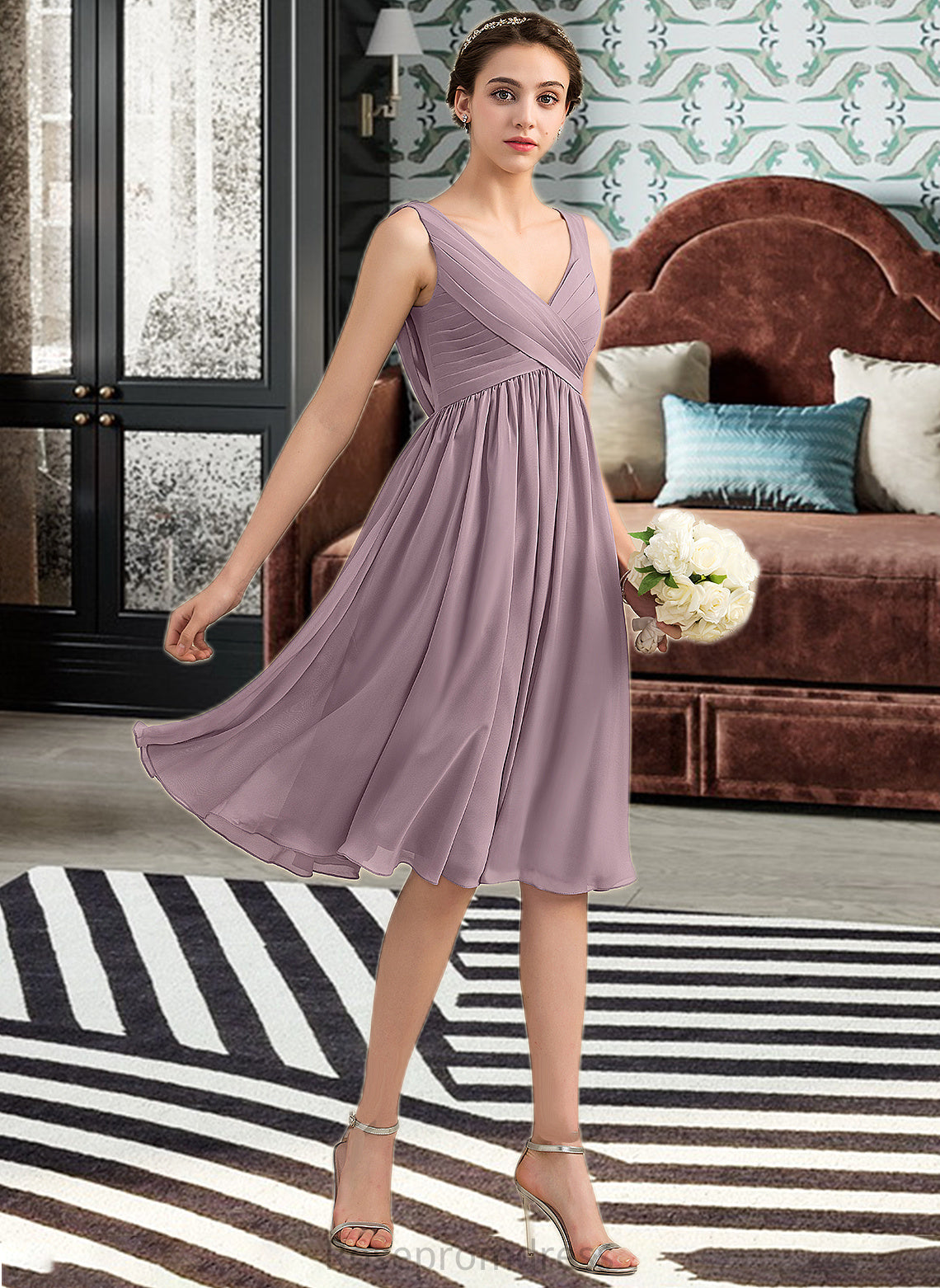 Tracy Empire V-Neck Knee-Length Chiffon Bridesmaid Dress With Cascading Ruffles SRSP0012901