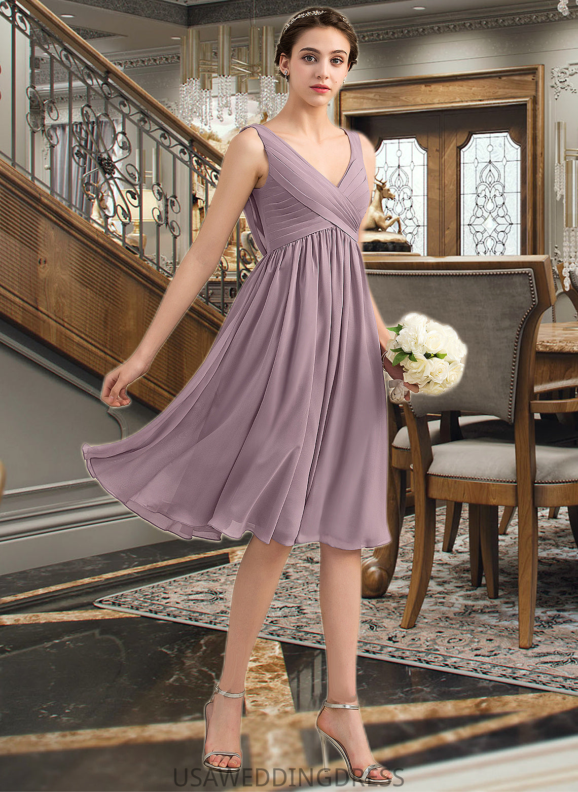 Kaelyn Empire V-Neck Knee-Length Chiffon Bridesmaid Dress With Cascading Ruffles DSP0012901