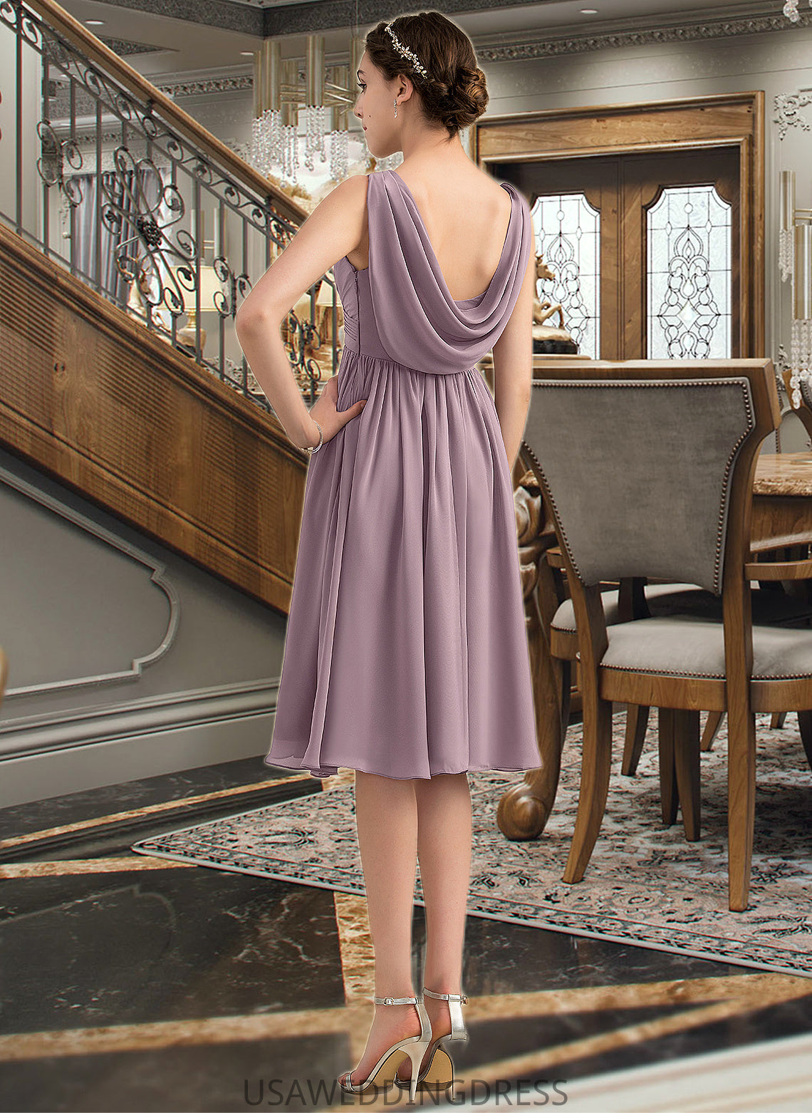 Kaelyn Empire V-Neck Knee-Length Chiffon Bridesmaid Dress With Cascading Ruffles DSP0012901