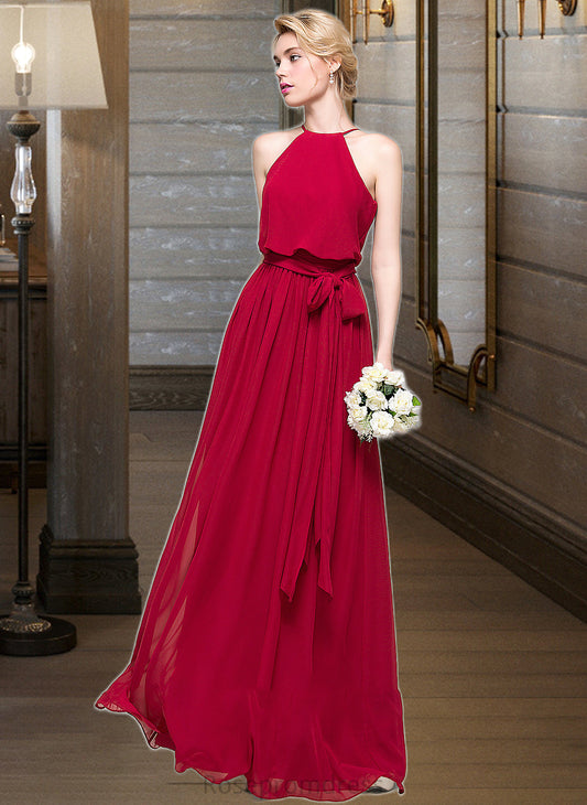 Mavis A-Line Scoop Neck Floor-Length Chiffon Bridesmaid Dress With Bow(s) SRSP0012902