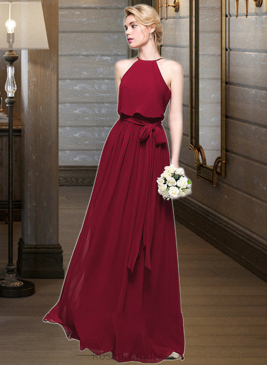 Mavis A-Line Scoop Neck Floor-Length Chiffon Bridesmaid Dress With Bow(s) SRSP0012902
