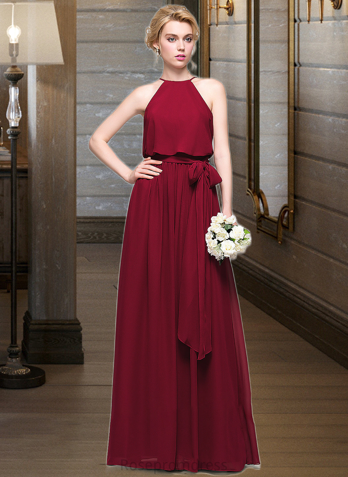 Mavis A-Line Scoop Neck Floor-Length Chiffon Bridesmaid Dress With Bow(s) SRSP0012902