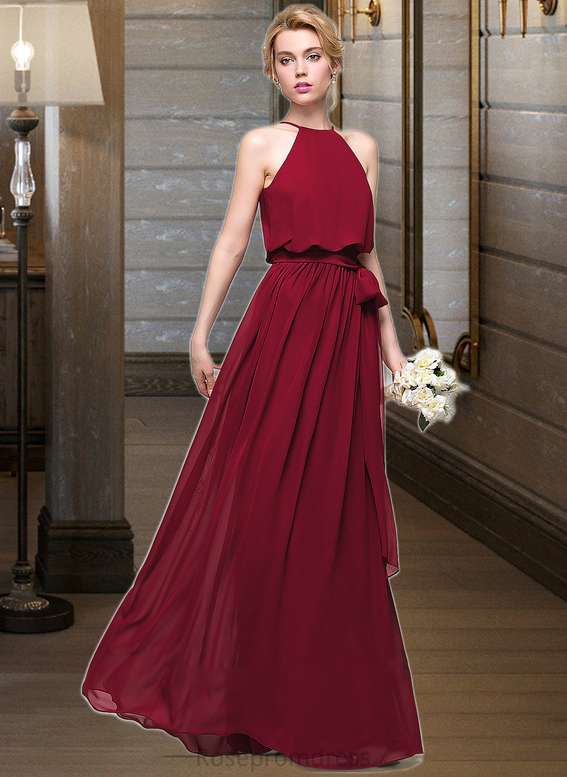 Mavis A-Line Scoop Neck Floor-Length Chiffon Bridesmaid Dress With Bow(s) SRSP0012902