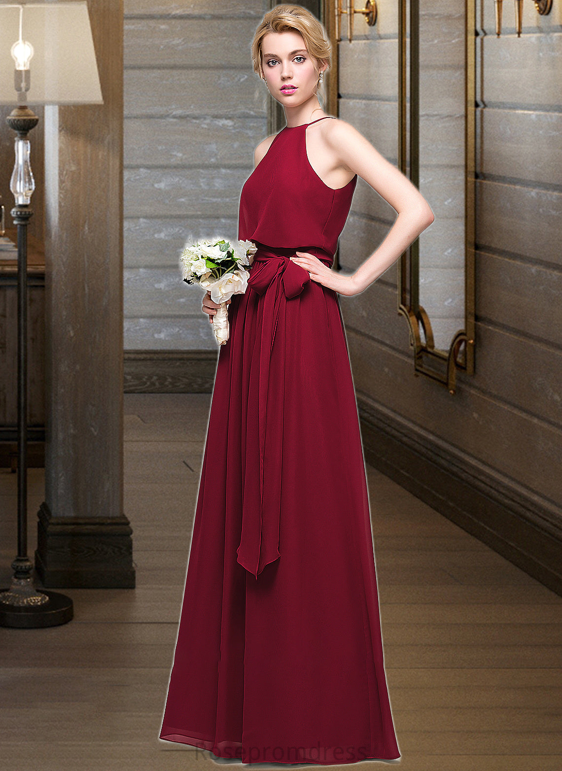 Mavis A-Line Scoop Neck Floor-Length Chiffon Bridesmaid Dress With Bow(s) SRSP0012902