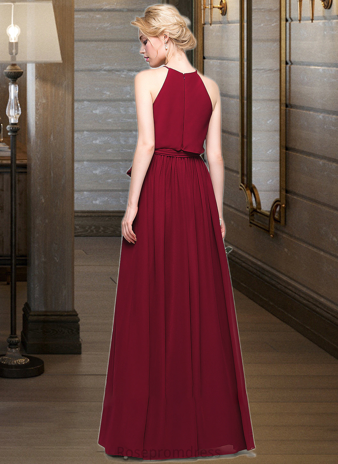 Mavis A-Line Scoop Neck Floor-Length Chiffon Bridesmaid Dress With Bow(s) SRSP0012902