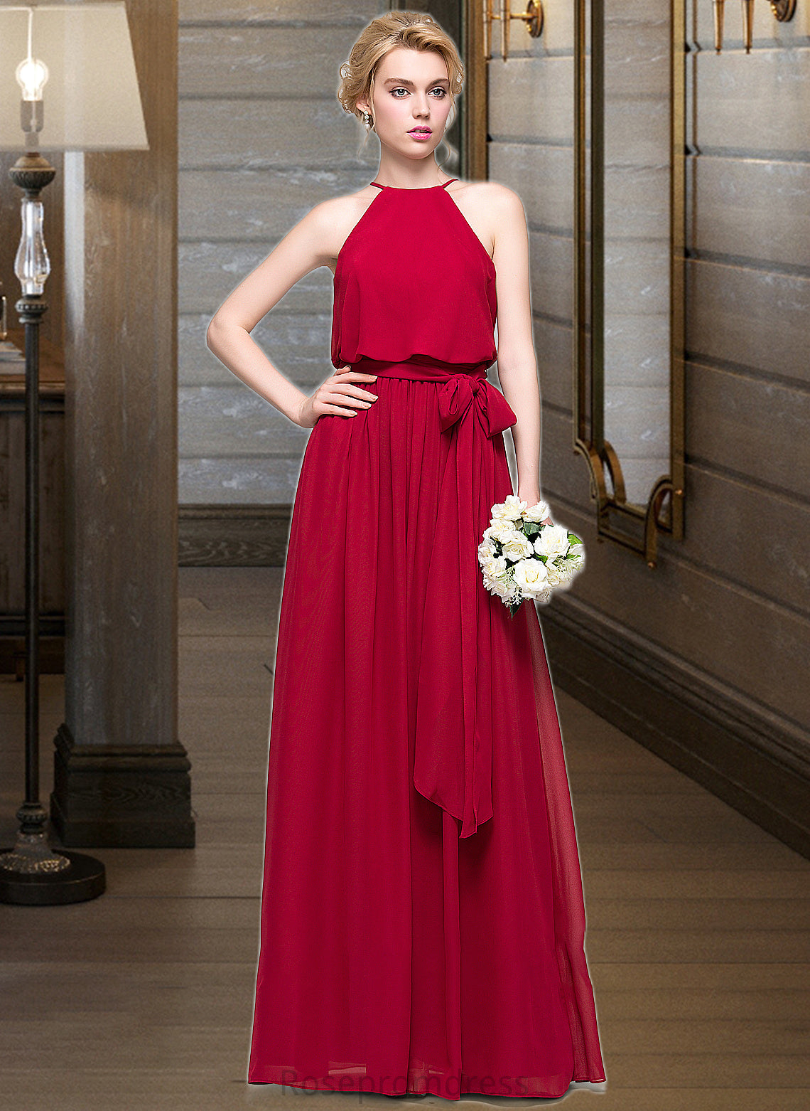 Mavis A-Line Scoop Neck Floor-Length Chiffon Bridesmaid Dress With Bow(s) SRSP0012902