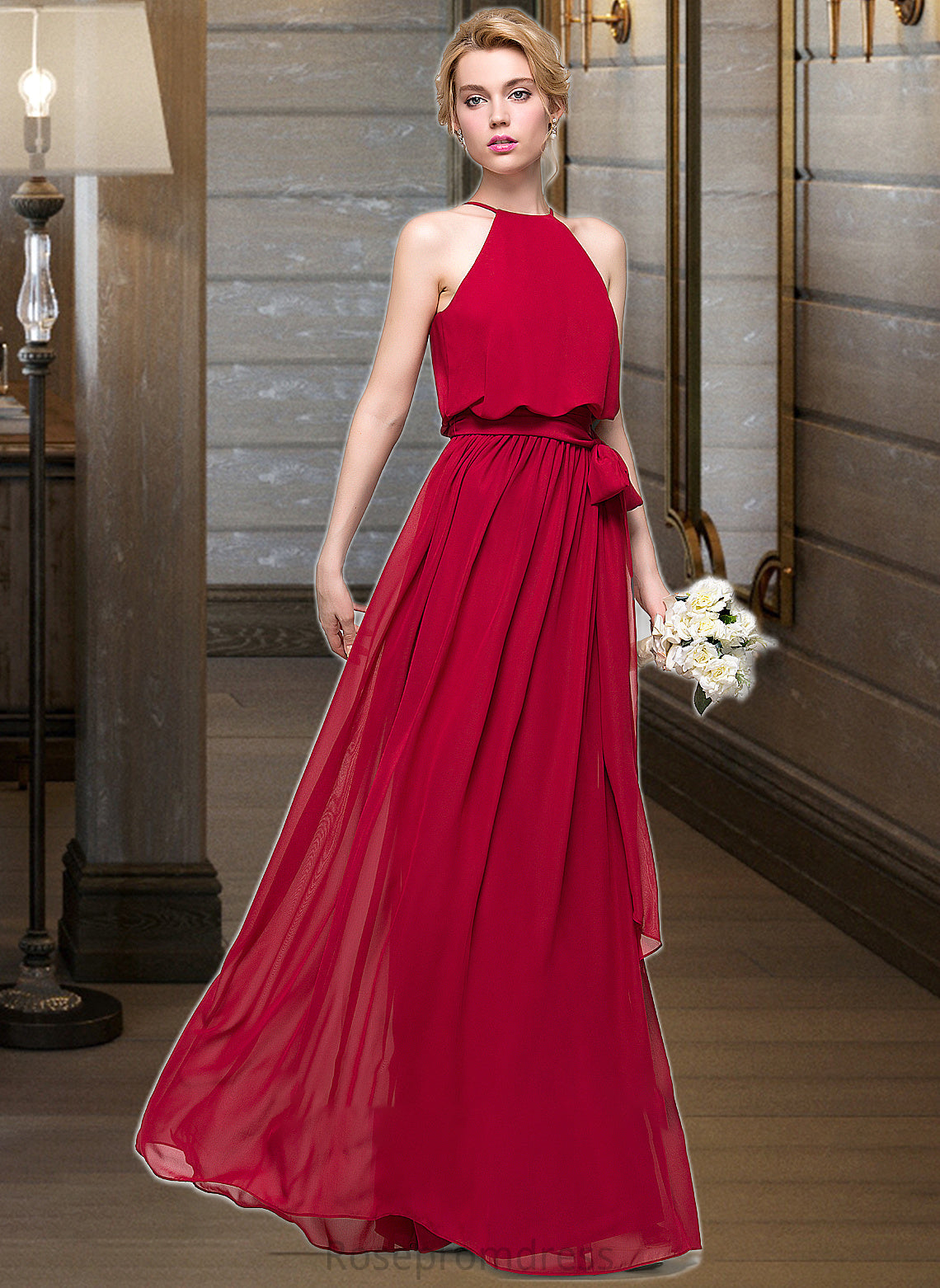 Mavis A-Line Scoop Neck Floor-Length Chiffon Bridesmaid Dress With Bow(s) SRSP0012902