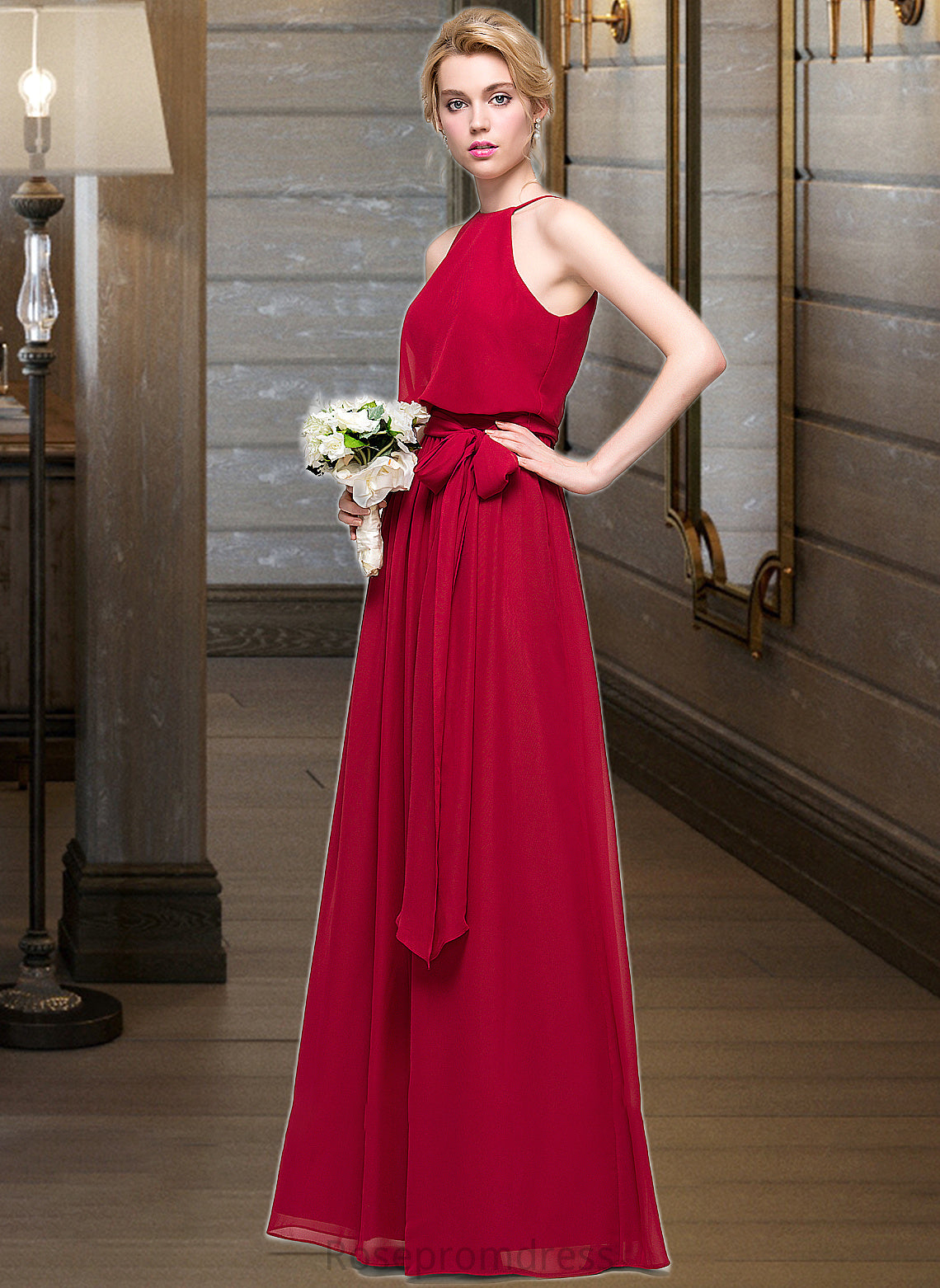 Mavis A-Line Scoop Neck Floor-Length Chiffon Bridesmaid Dress With Bow(s) SRSP0012902