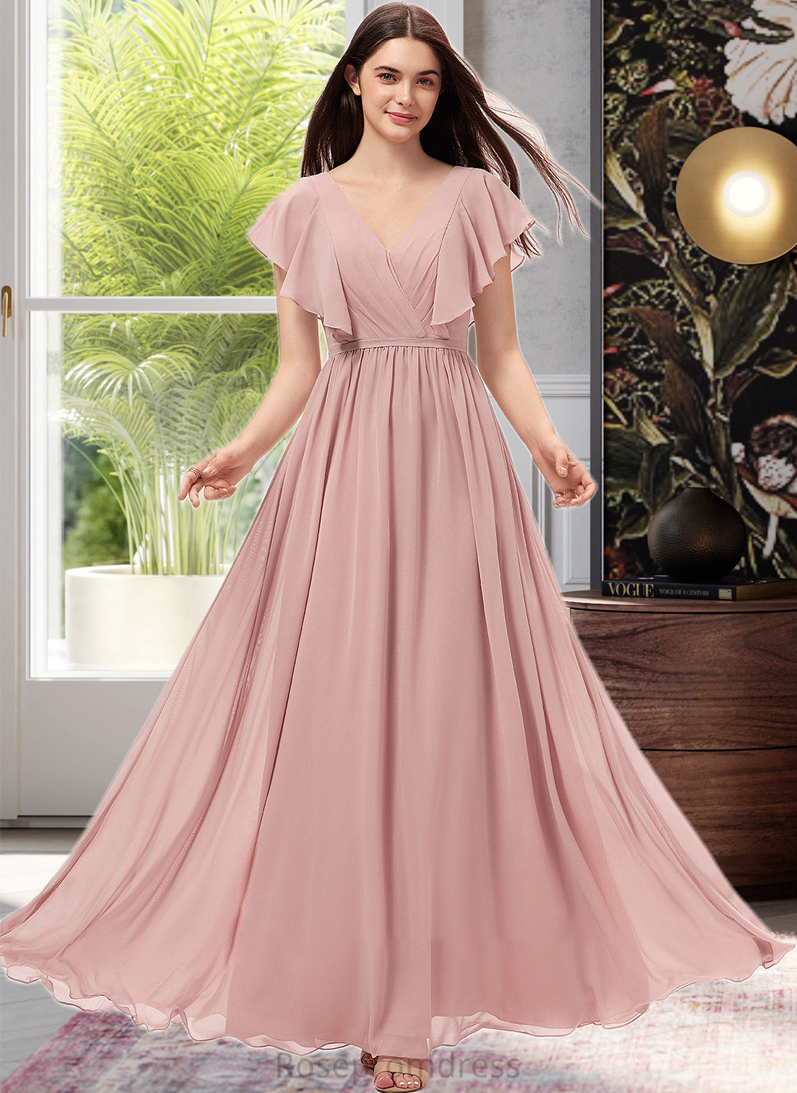 EmeryPiper A-Line V-neck Floor-Length Chiffon Bridesmaid Dress With Split Front SRSP0012903